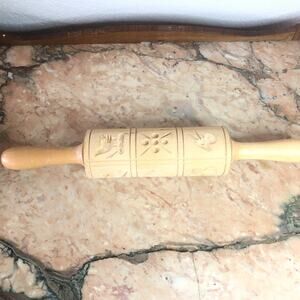 VTG Christmas Springerle Carved Wood Rolling Pin German Cookie Birds 12 Design